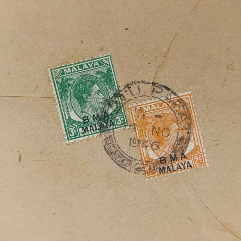 India Batu Pahat registered mail cover - 1946 - Malaya Stamps with BMA Malaya overprints