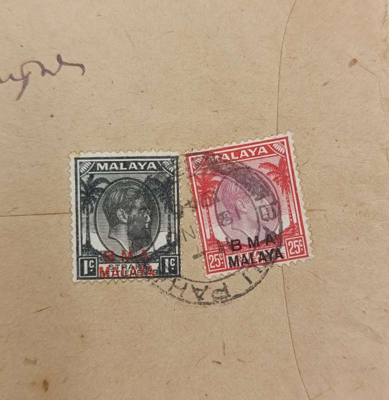 India Batu Pahat registered mail cover - 1946 - Malaya Stamps with BMA Malaya overprints