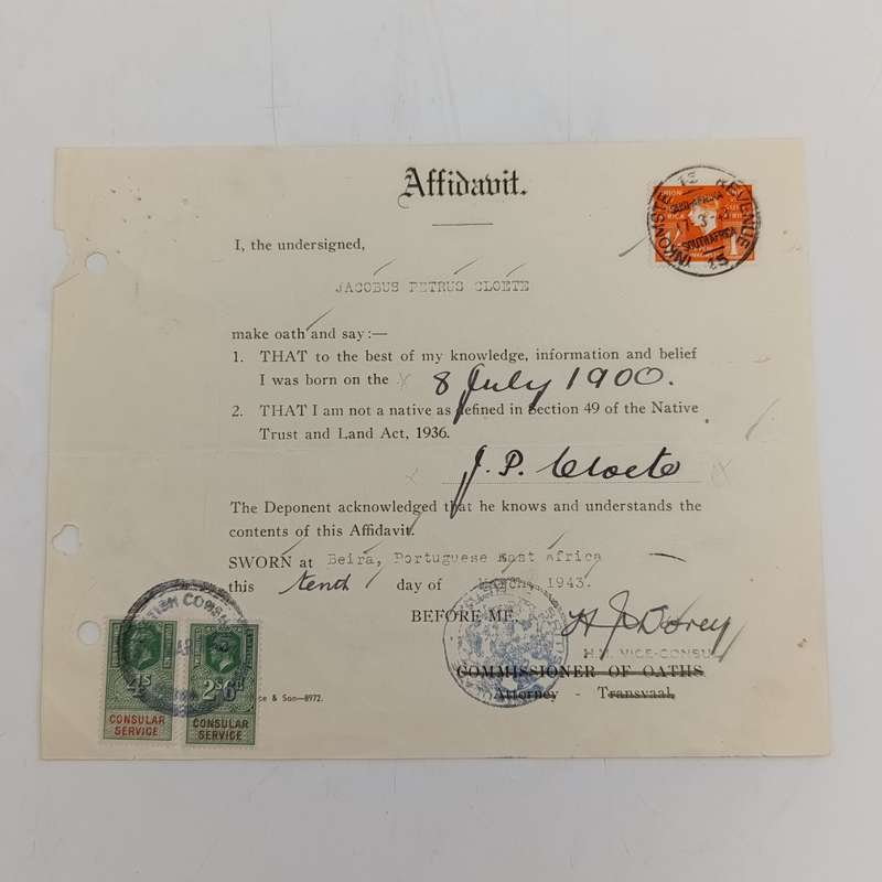 1943 Apartheid affidavit with Union and consular stamps - JP Cloete but done in Beira, Portuguese