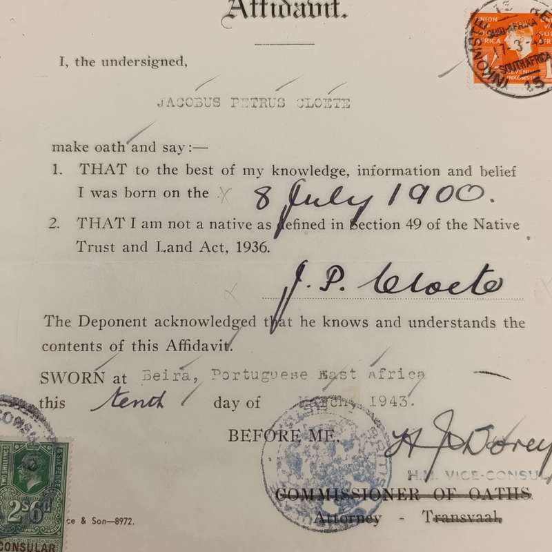 1943 Apartheid affidavit with Union and consular stamps - JP Cloete but done in Beira, Portuguese