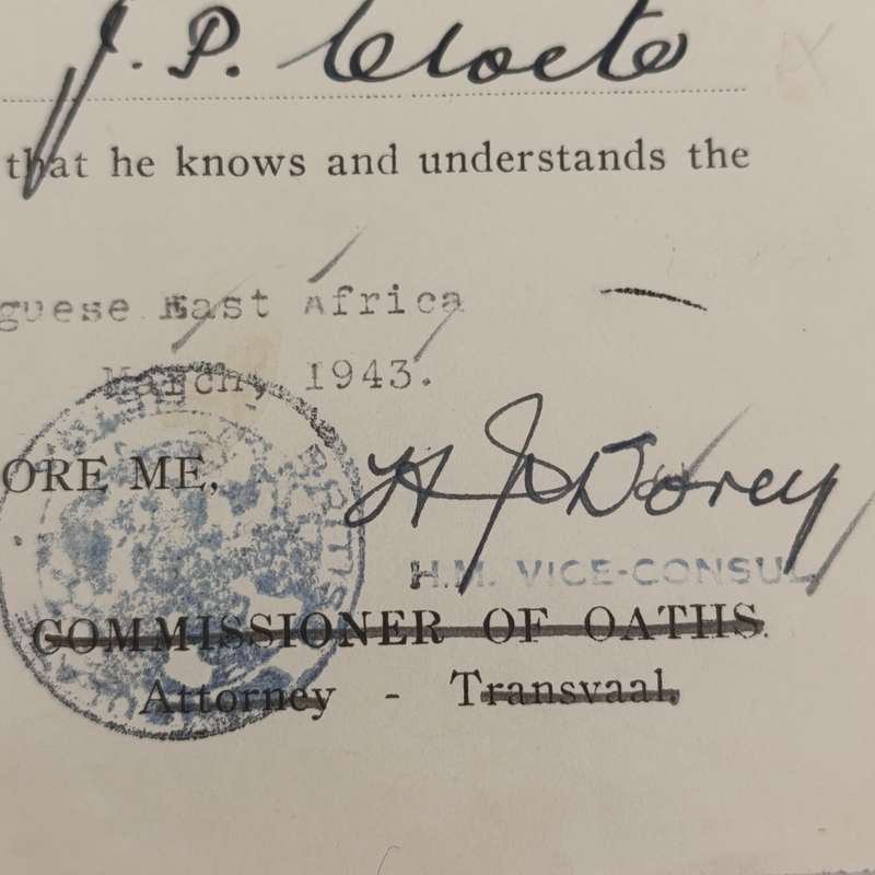 1943 Apartheid affidavit with Union and consular stamps - JP Cloete but done in Beira, Portuguese