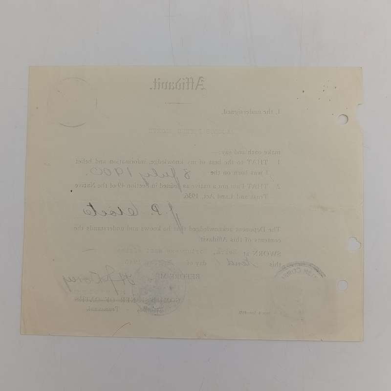 1943 Apartheid affidavit with Union and consular stamps - JP Cloete but done in Beira, Portuguese