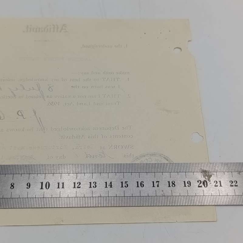 1943 Apartheid affidavit with Union and consular stamps - JP Cloete but done in Beira, Portuguese