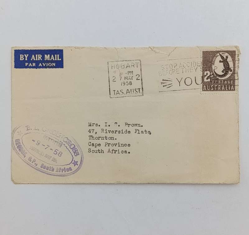 Postal History 1958 letter from Hobart, Australia to Thornton
