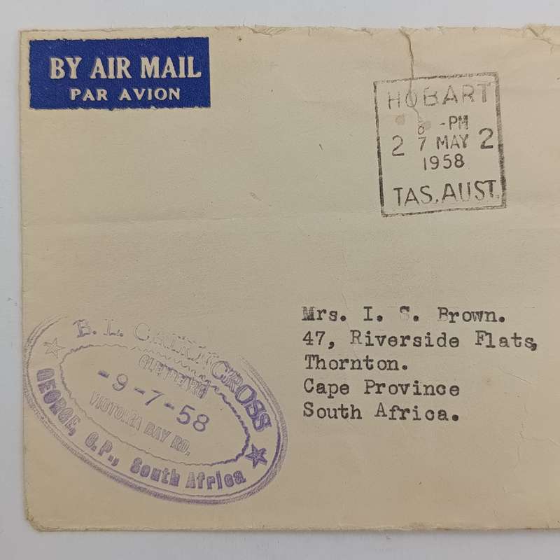 Postal History 1958 letter from Hobart, Australia to Thornton