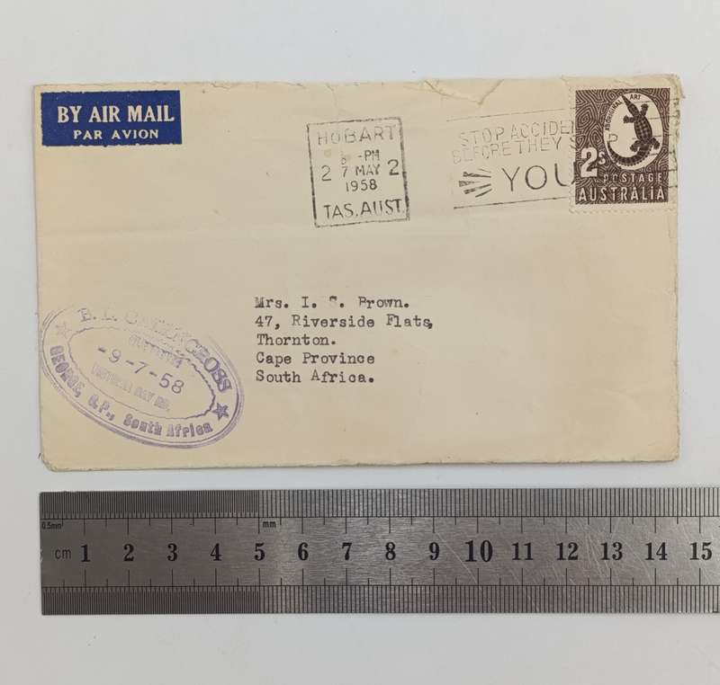 Postal History 1958 letter from Hobart, Australia to Thornton