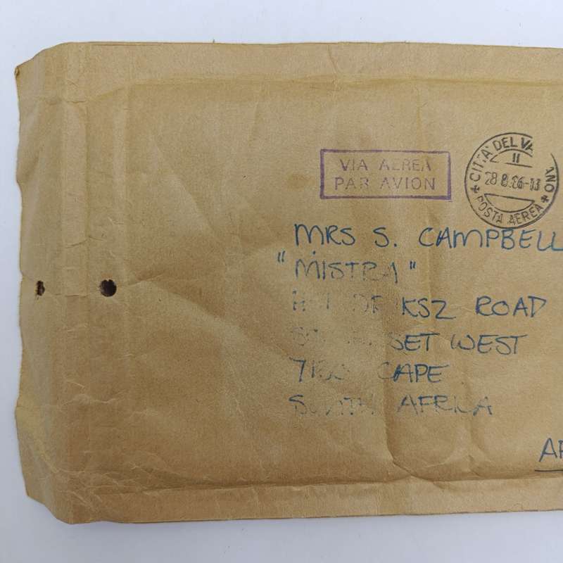 Vatican City postal cover to Somerset West South Africa 28 August 1986 cancellations