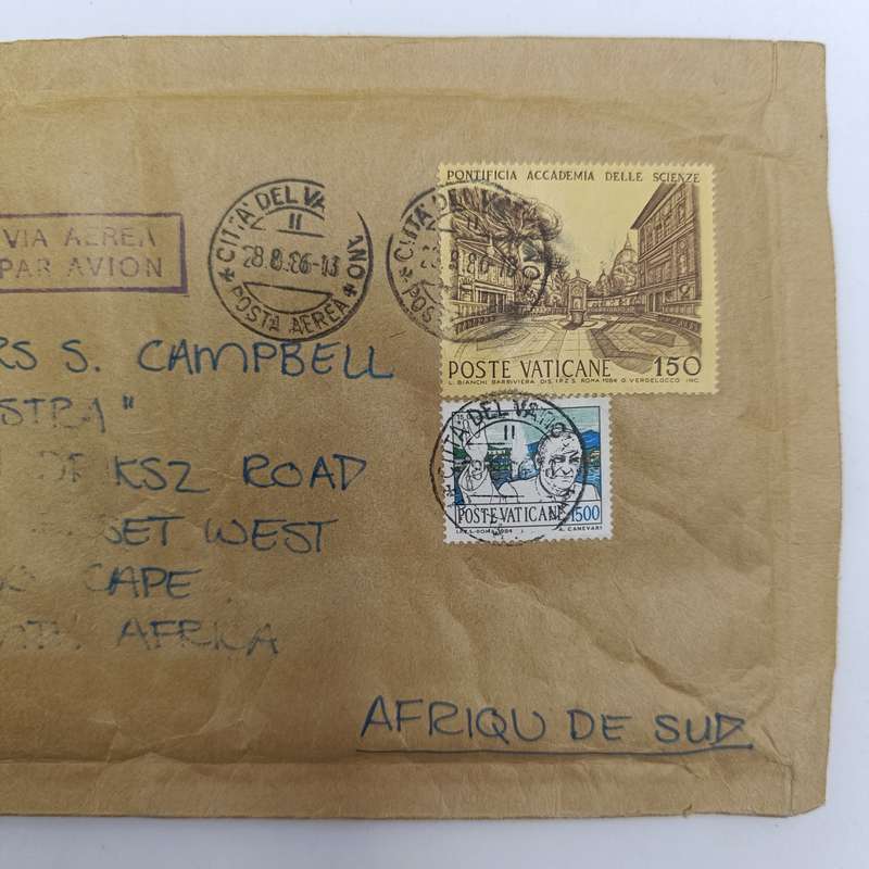 Vatican City postal cover to Somerset West South Africa 28 August 1986 cancellations