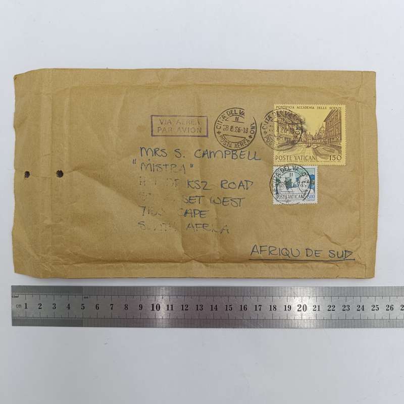 Vatican City postal cover to Somerset West South Africa 28 August 1986 cancellations