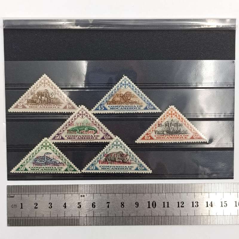 Set of Companhia de Mocambique triangular animal stamps with 1939 presidential visit overstamp