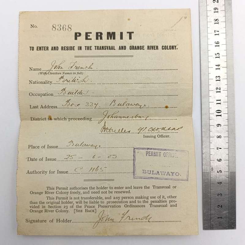 Permit to enter and reside in the Transvaal and Orange River Colony