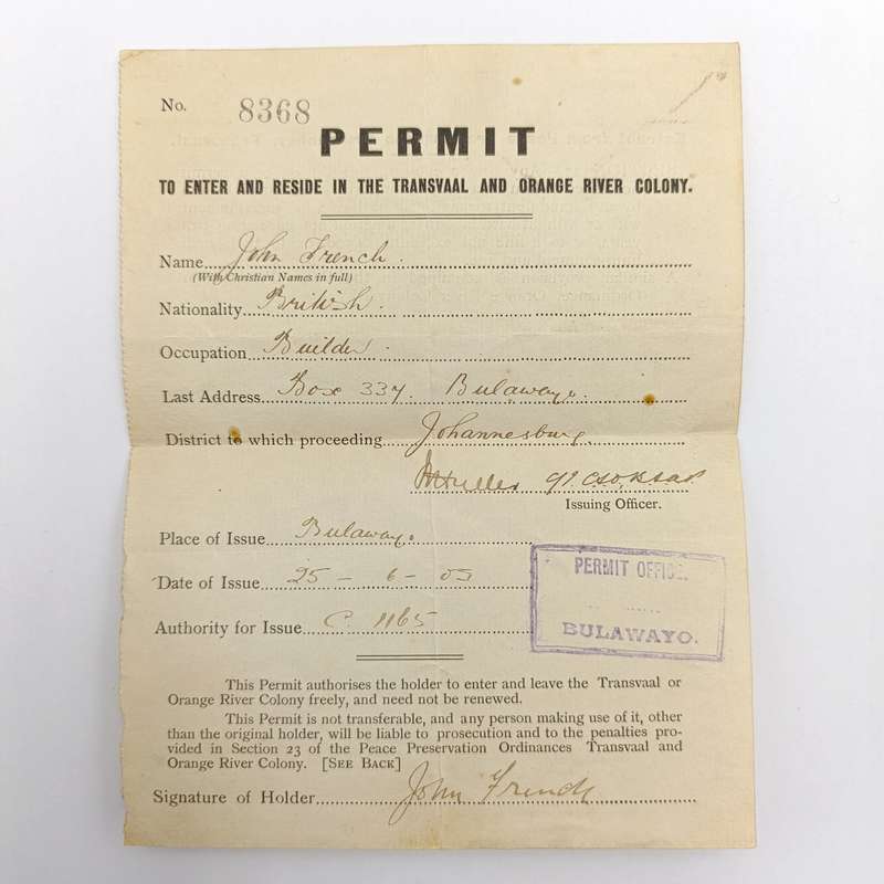 Permit to enter and reside in the Transvaal and Orange River Colony