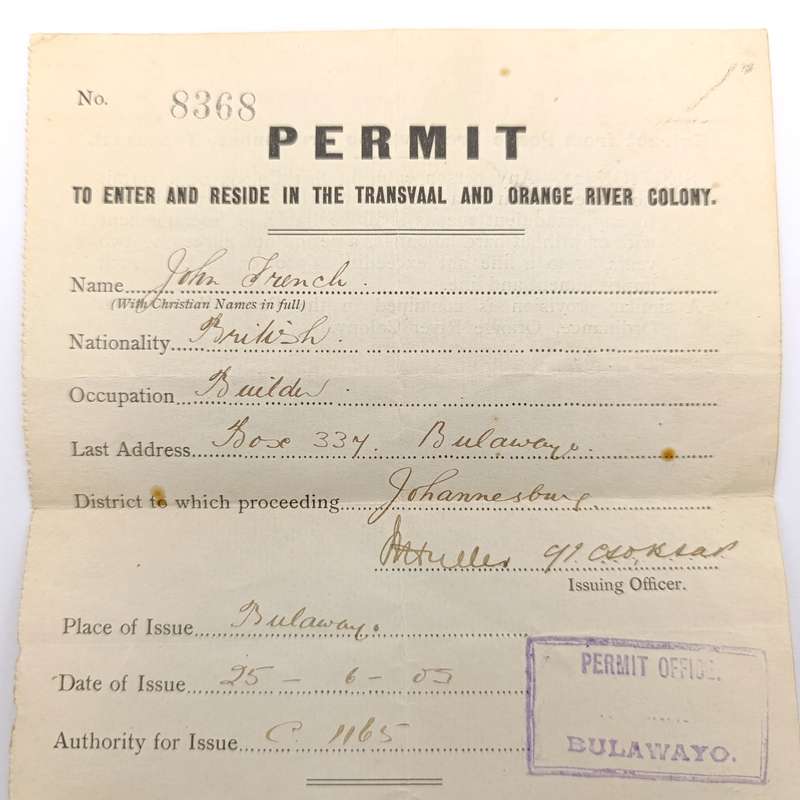 Permit to enter and reside in the Transvaal and Orange River Colony