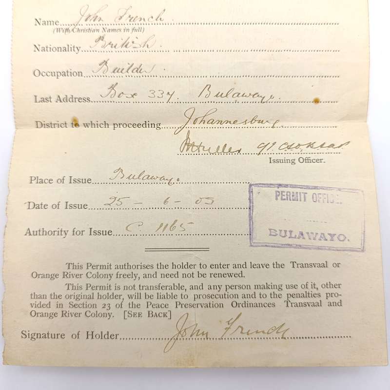 Permit to enter and reside in the Transvaal and Orange River Colony