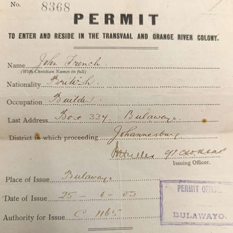 Permit to enter and reside in the Transvaal and Orange River Colony