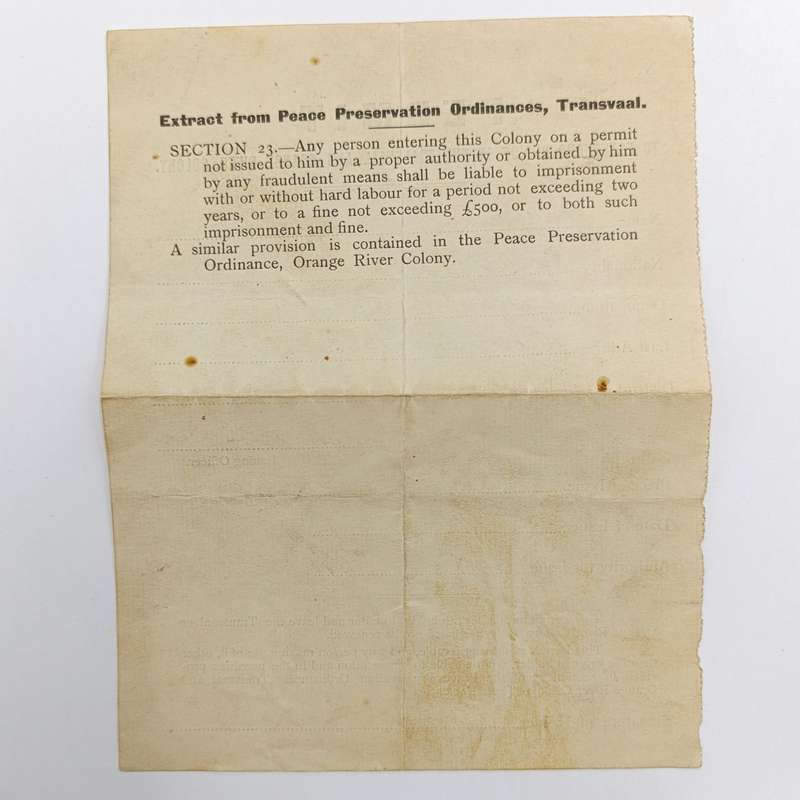 Permit to enter and reside in the Transvaal and Orange River Colony