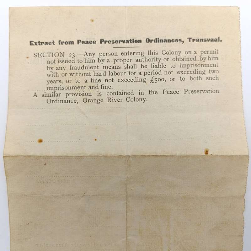 Permit to enter and reside in the Transvaal and Orange River Colony