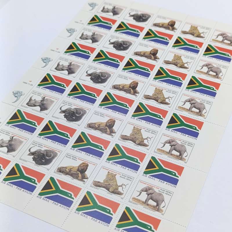Full page of RSA standard postage stamps with incorrect perforation