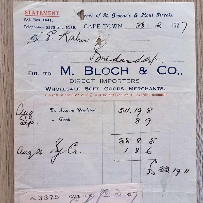 Lot of Antique receipts from Cape Town dealers