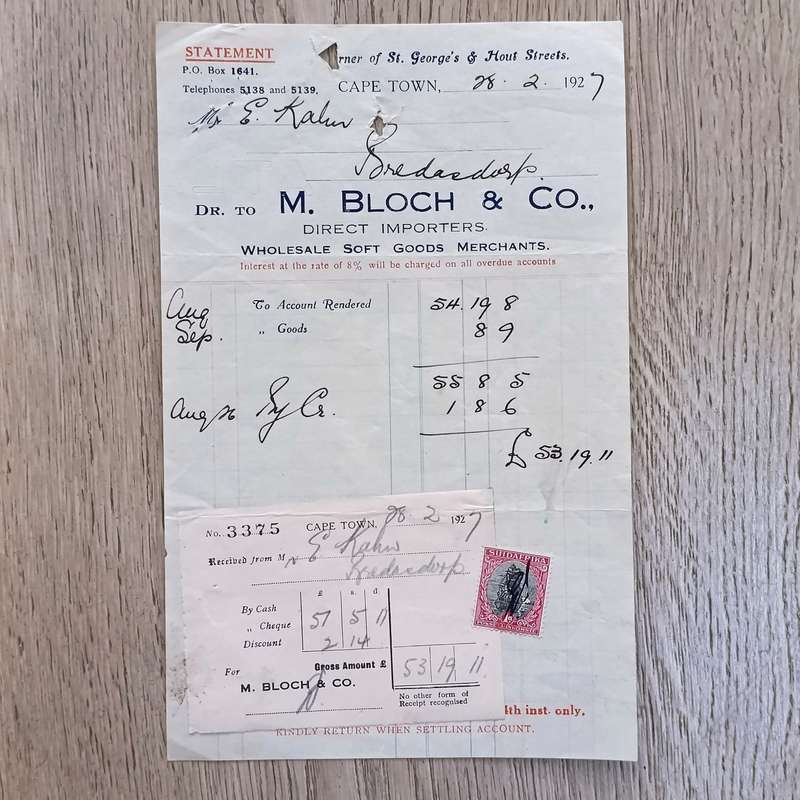 Lot of Antique receipts from Cape Town dealers