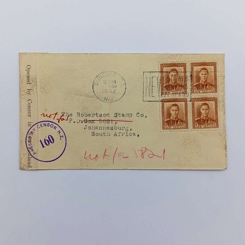 Censored wartime cover sent from Dunedin, New Zealand to Johannesburg, South Africa