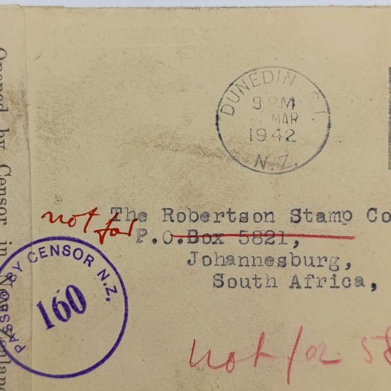 Censored wartime cover sent from Dunedin, New Zealand to Johannesburg, South Africa