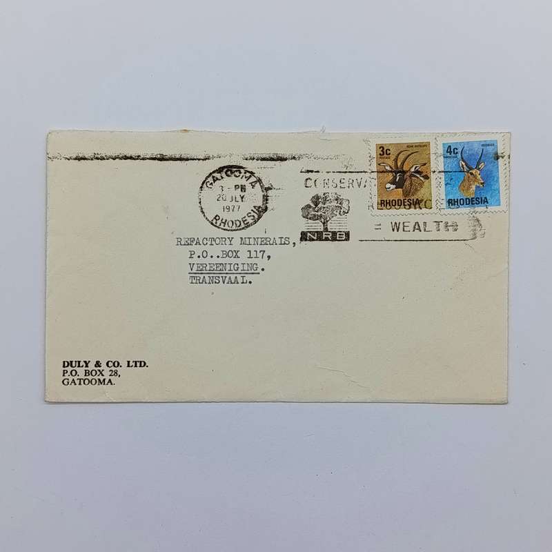 Postal cover from Gatooma, Rhodesia to Vereeniging, South Africa on Duly & Co.LTD Stationery