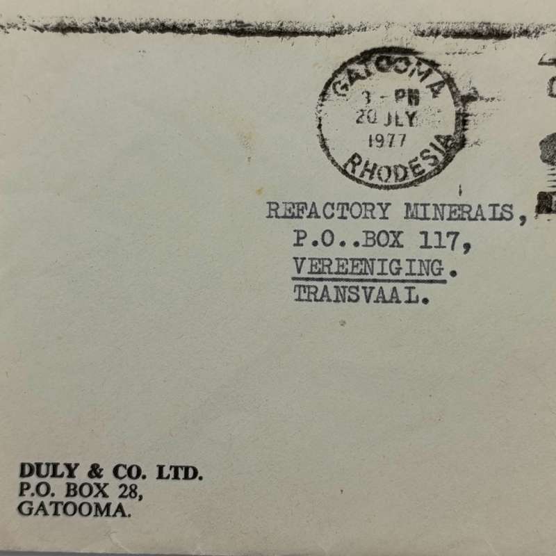 Postal cover from Gatooma, Rhodesia to Vereeniging, South Africa on Duly & Co.LTD Stationery