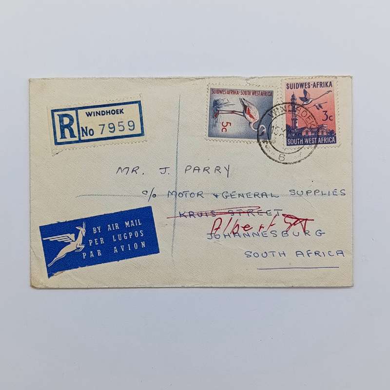 Registered airmail Postal cover sent from Windhoek, SWA to Johannesburg, RSA