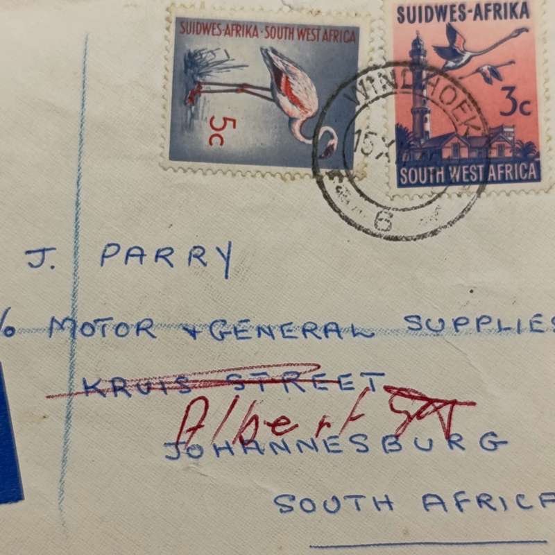 Registered airmail Postal cover sent from Windhoek, SWA to Johannesburg, RSA