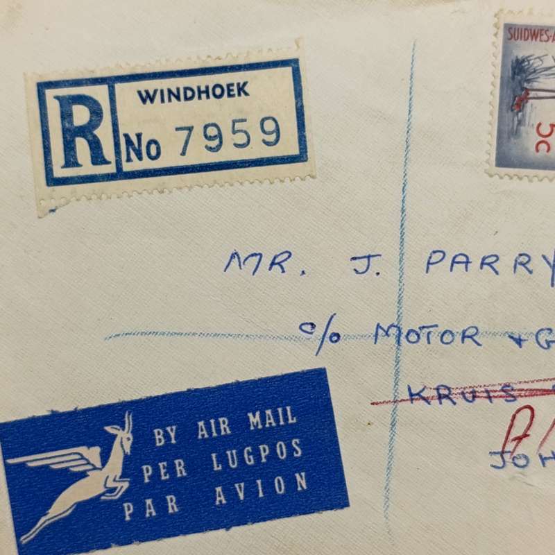 Registered airmail Postal cover sent from Windhoek, SWA to Johannesburg, RSA
