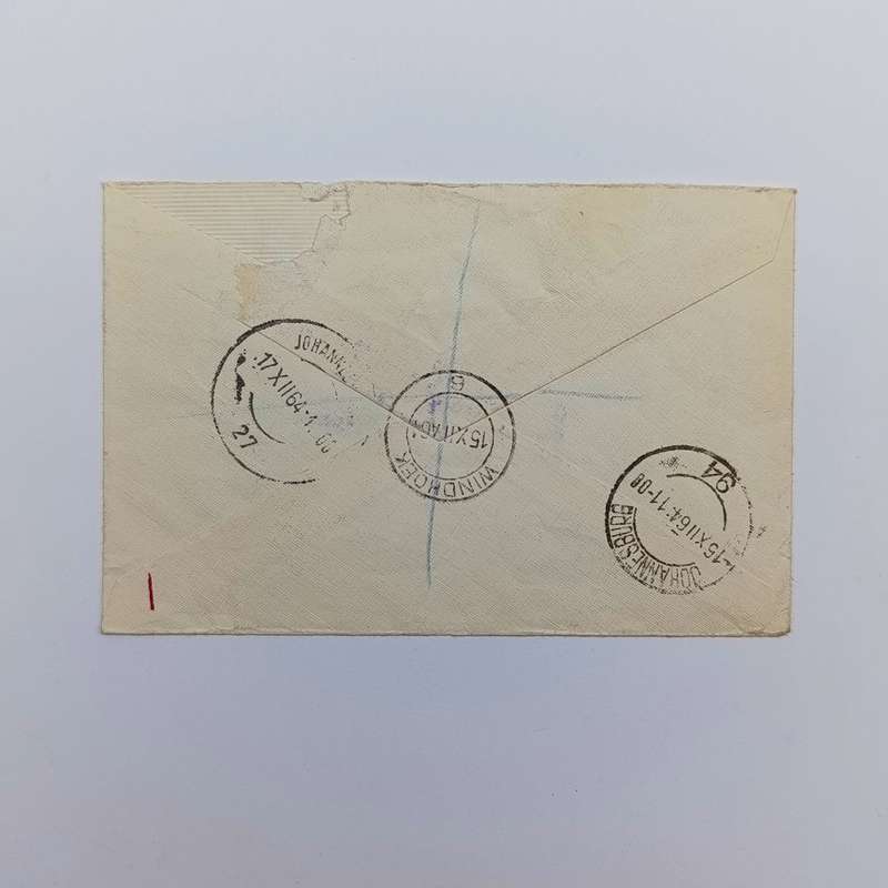 Registered airmail Postal cover sent from Windhoek, SWA to Johannesburg, RSA