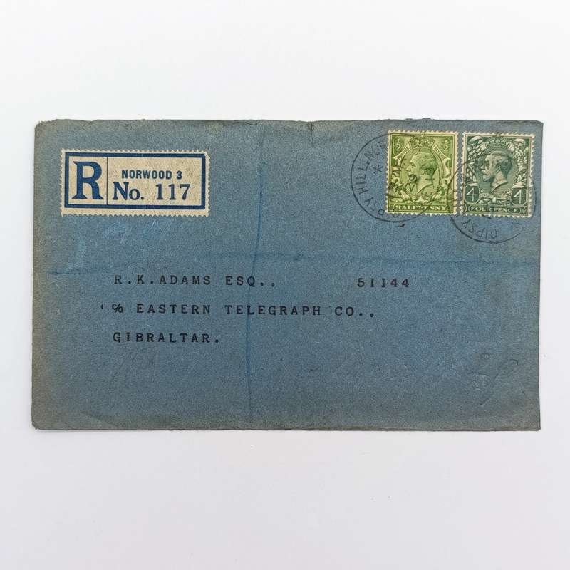 Postal cover sent from Gipsy Hill (London) with Norwood 3 registration sent to Gibraltar