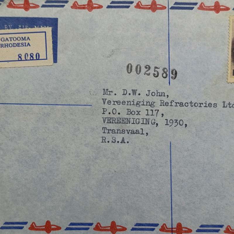 Registered postal cover from Gatooma, Rhodesia to Vereeniging