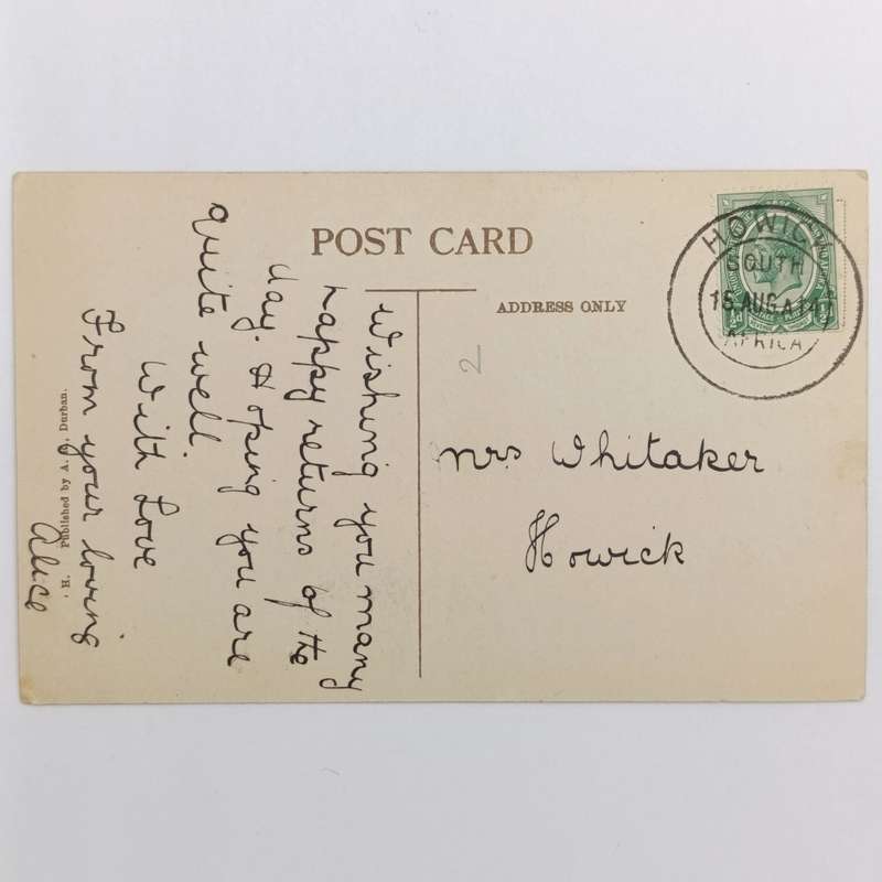 Postcard with picture of Ocean Beach Pier, Durban - Superb Howick cancel, 16 August 1914