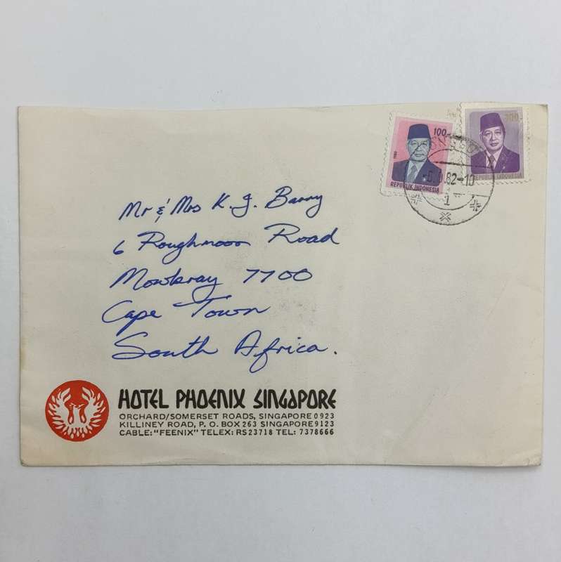 Postal cover from Indonesia to Mowbray, South Africa on Hotel Phoenix Singapore stationery