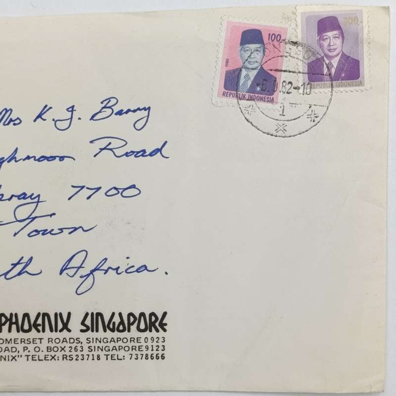 Postal cover from Indonesia to Mowbray, South Africa on Hotel Phoenix Singapore stationery