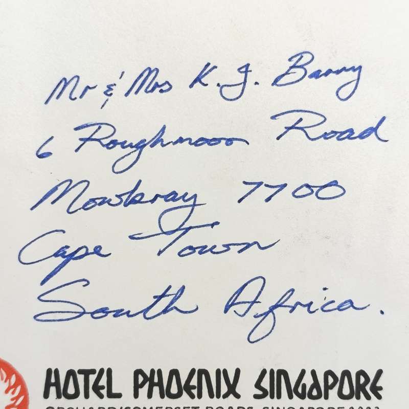 Postal cover from Indonesia to Mowbray, South Africa on Hotel Phoenix Singapore stationery