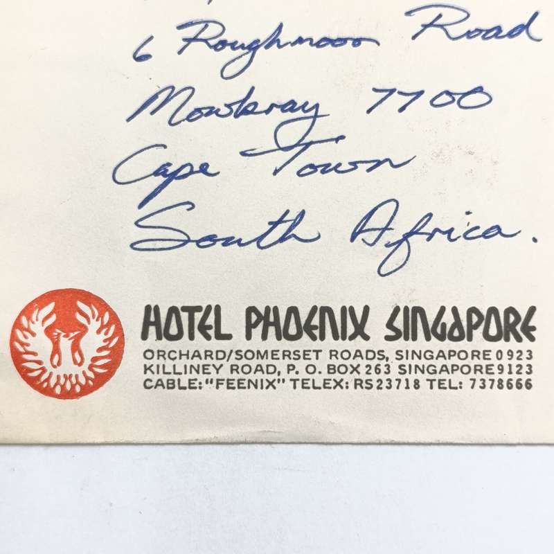 Postal cover from Indonesia to Mowbray, South Africa on Hotel Phoenix Singapore stationery