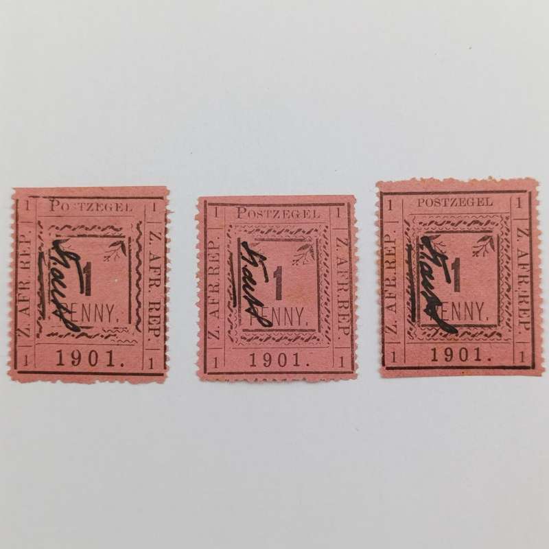 Set of 3 ZAR Pietersburg 1 Penny stamps - All 3 perforated types with controller's initials in black