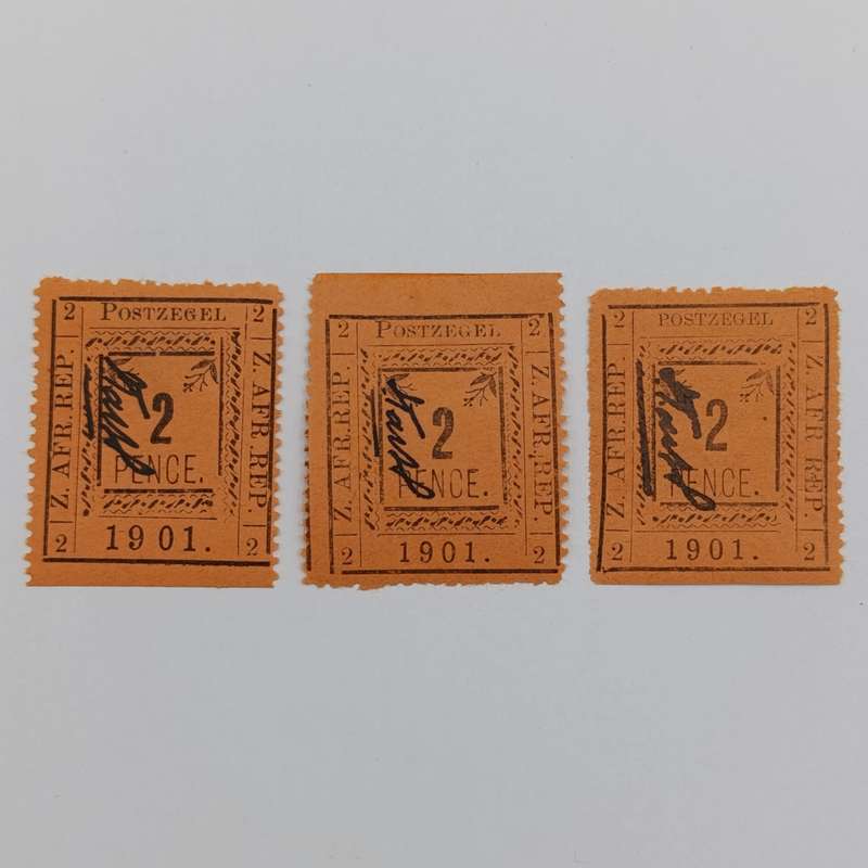 Set of 3 ZAR Pietersburg 2 Pence stamps - All 3 perforated types with controller's initials in black