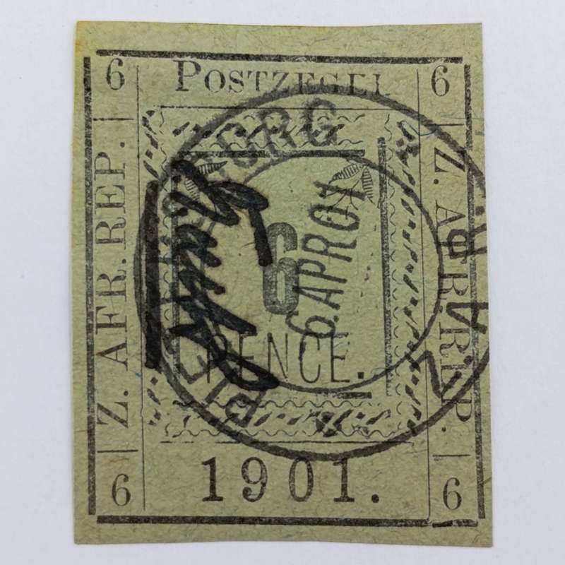 1901 ZAR Pietersburg type 1 imperforate 6 Pence stamp with controller's initials in black