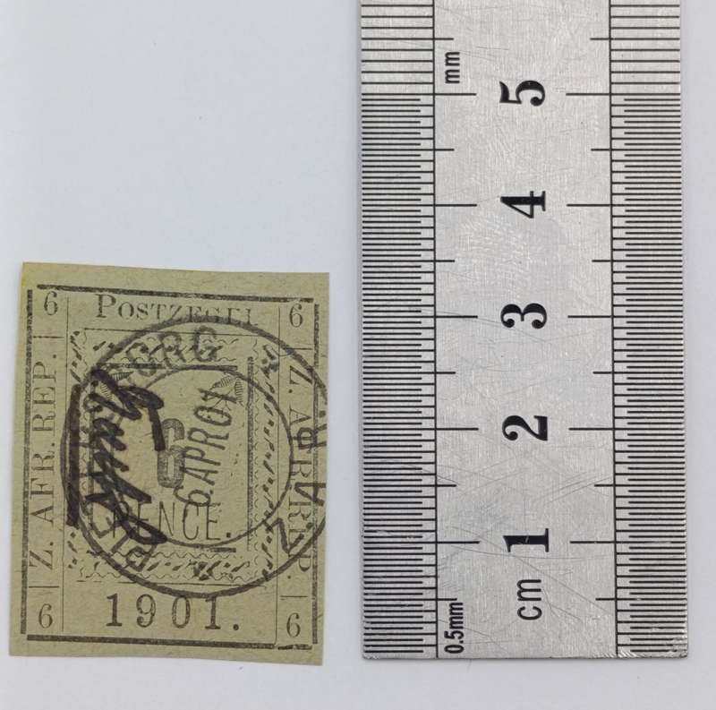 1901 ZAR Pietersburg type 1 imperforate 6 Pence stamp with controller's initials in black