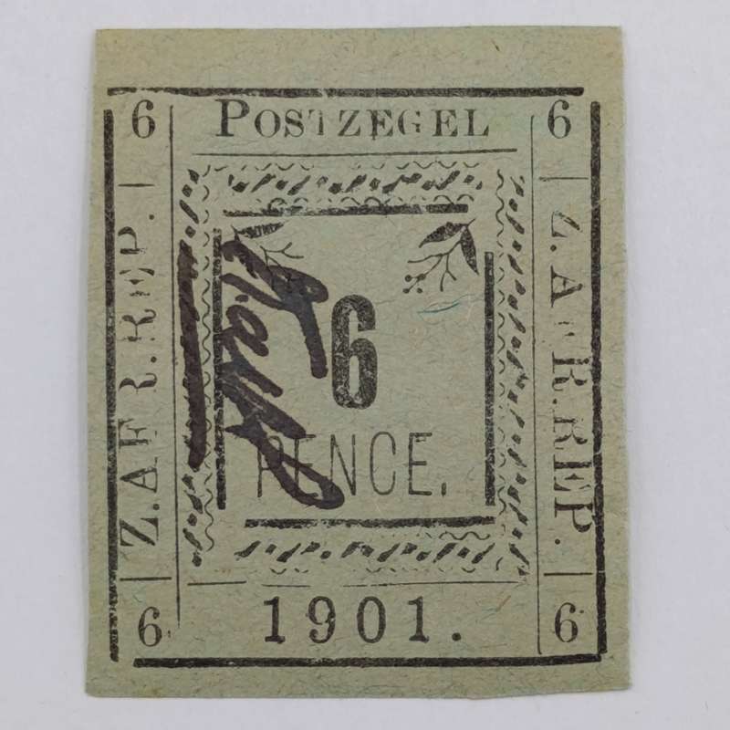 1901 ZAR Pietersburg type 2 imperforated 6 Pence stamp with controller's initials in black - mint