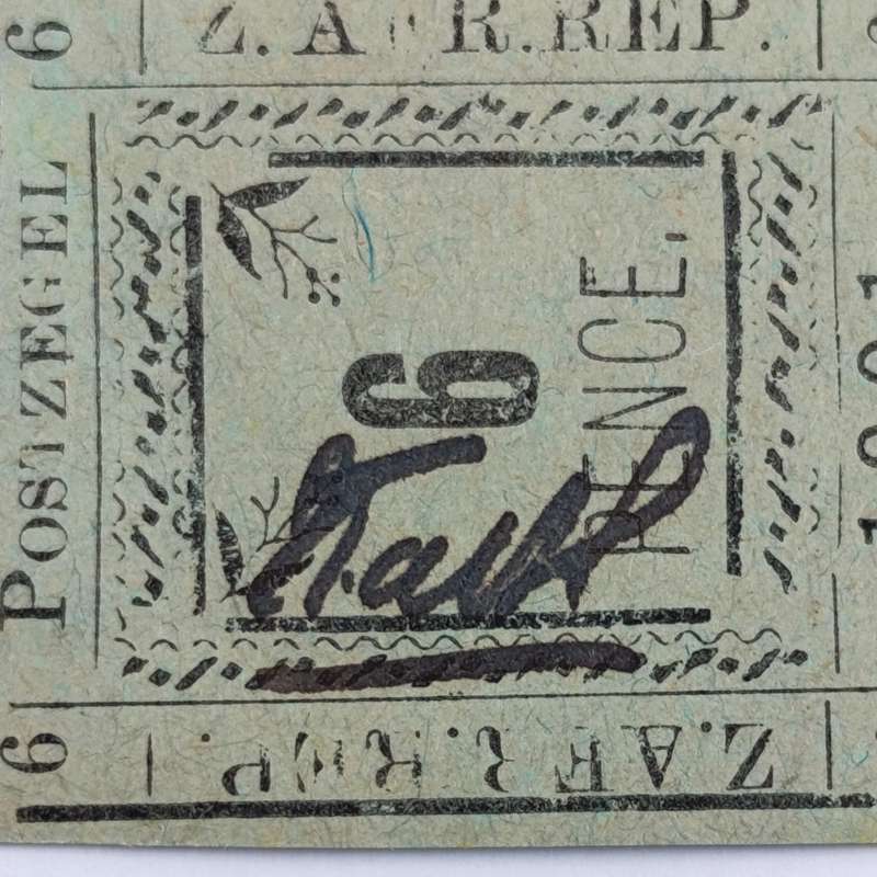 1901 ZAR Pietersburg type 2 imperforated 6 Pence stamp with controller's initials in black - mint
