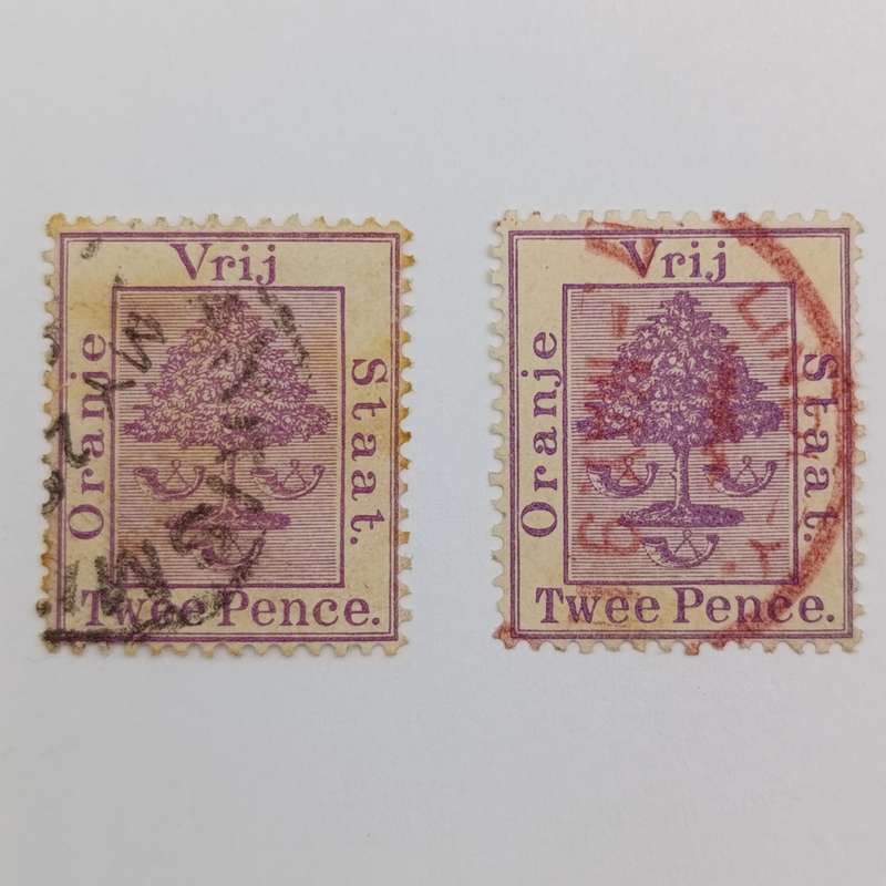 2x Free State Twee Pence stamps cancelled in black and red brown
