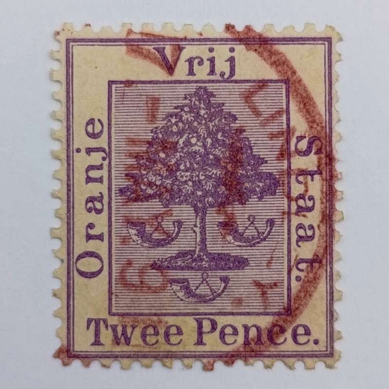 2x Free State Twee Pence stamps cancelled in black and red brown