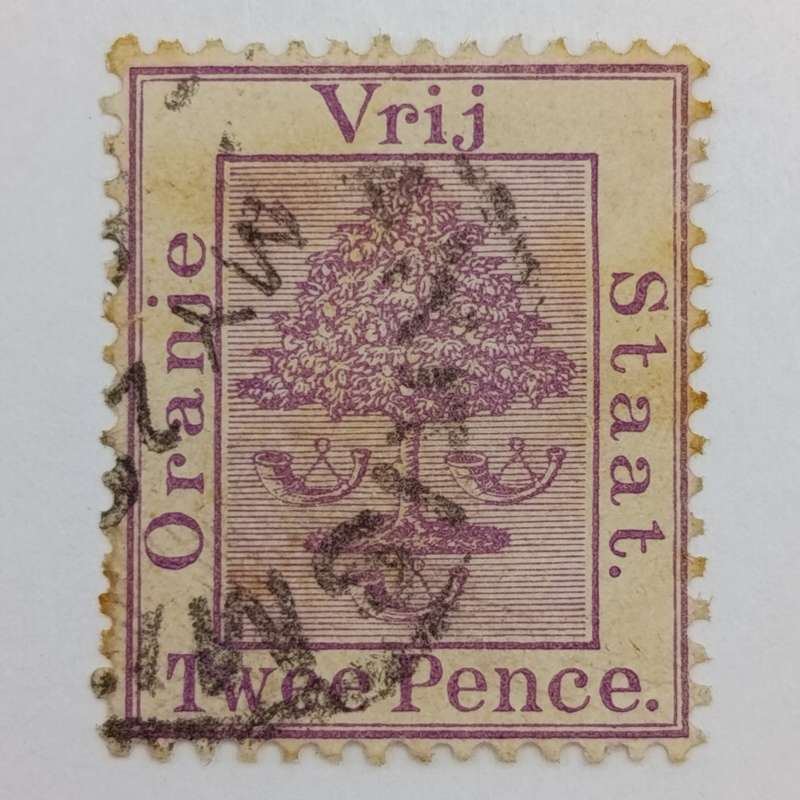 2x Free State Twee Pence stamps cancelled in black and red brown