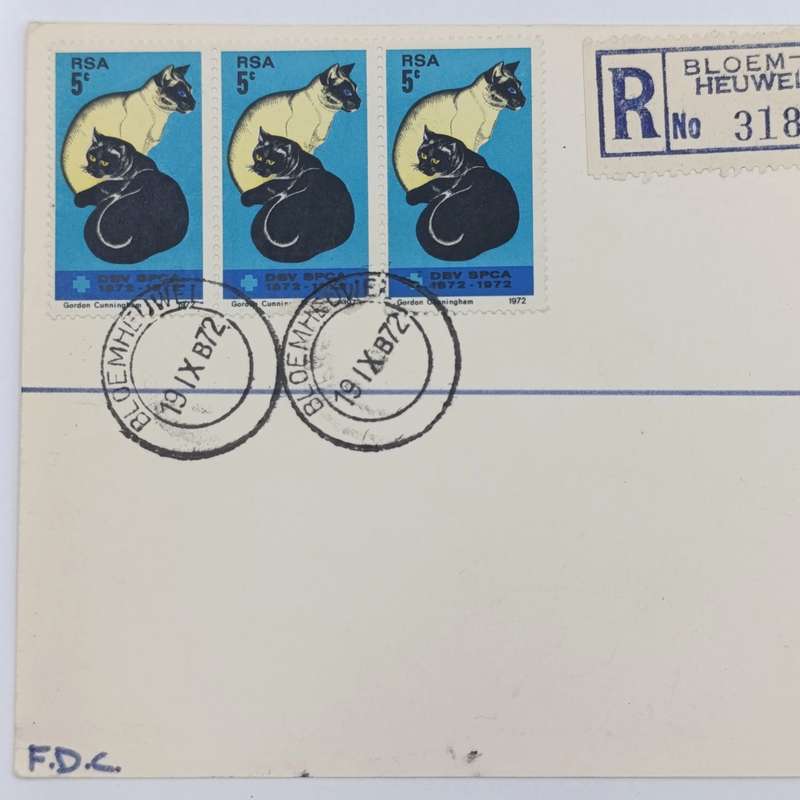 First day cover card with three 5c SPCA Stamps
