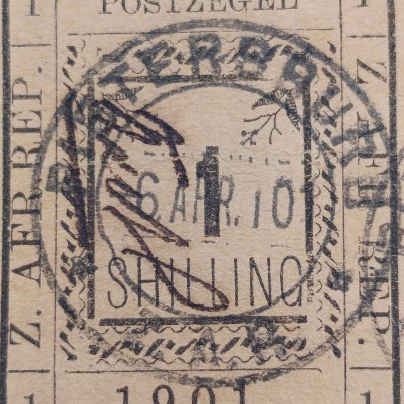 1901 ZAR Pietersburg type 3 imperforated 1 Shilling used stamp - used at Pietersburg 6 April 1901